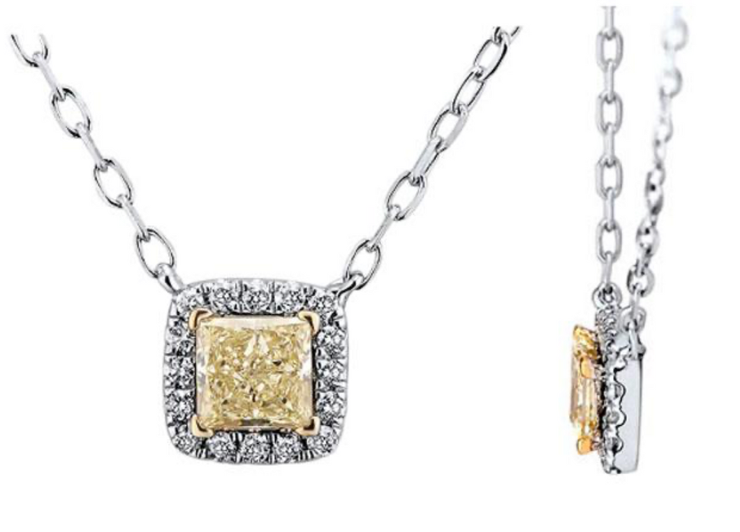 Yellow Princess Cut Diamond Pendant with Chain